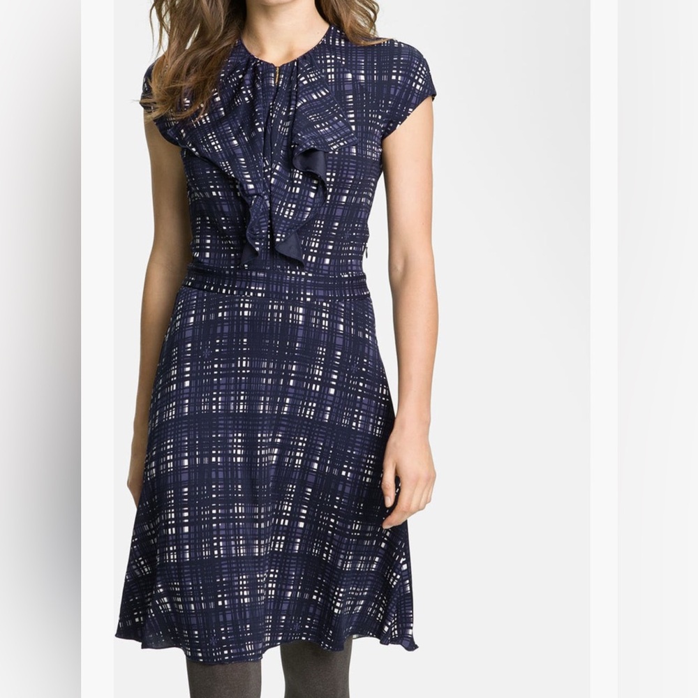 Tory Burch NWT Clementine Plaid A-Line Dress Large Navy Blue Print Ruffles